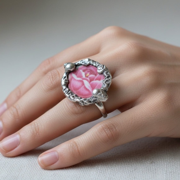 Hand Crafted Jewelry - Broken China Ring - Vintage Floral with Silver Spoon Band & Brutalist Metalwork